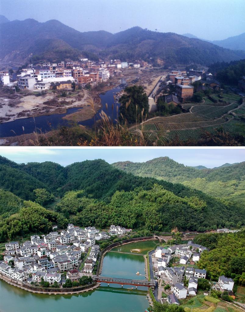 圖為浙江省杭州市淳安縣楓樹嶺鎮(zhèn)下姜村拼版圖，其中上圖為資料照片、下圖由新華社記者張鋮攝。